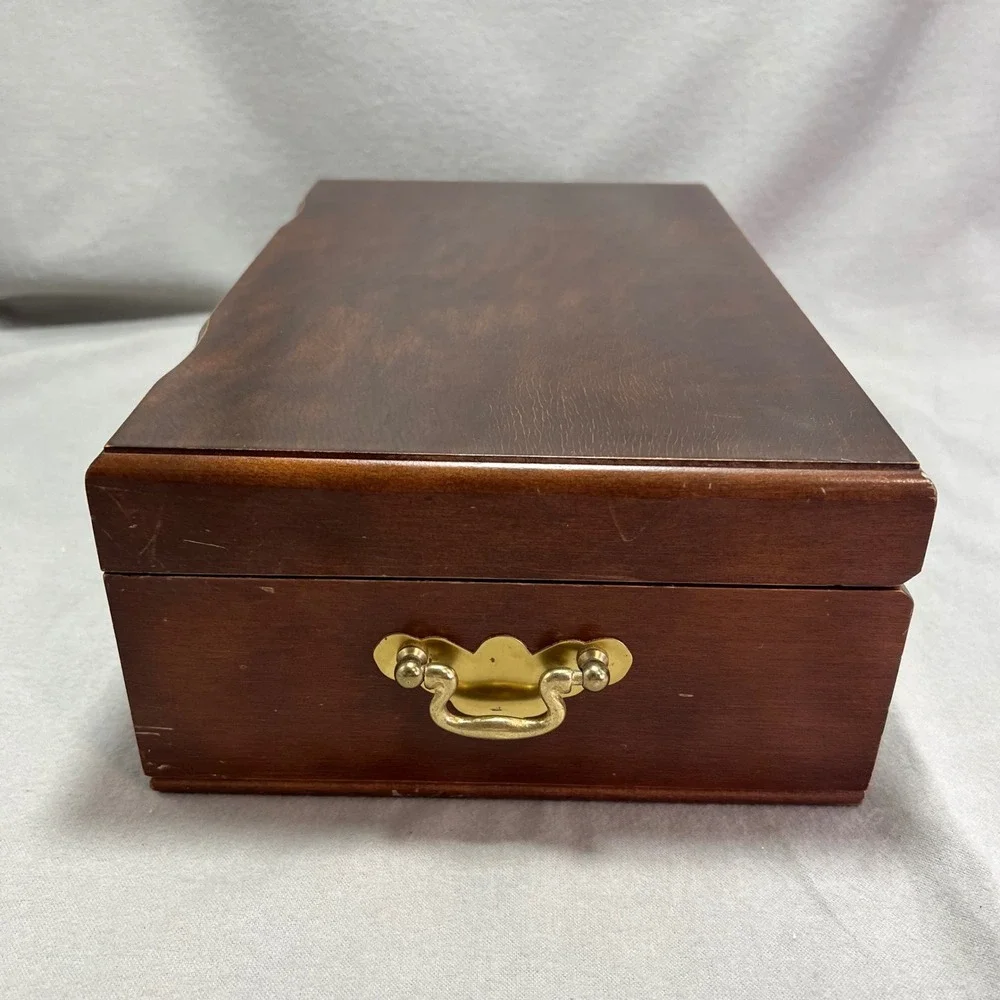 Vintage Wooden Jewelry Box Chest Red Velvet Lining Removable Tray Necklace Hooks
